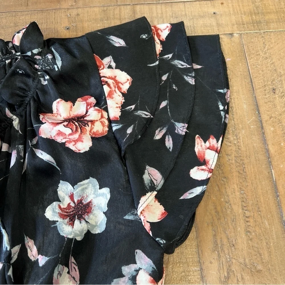 Misa Los Angeles Cecelia Black Floral Mini Dress Small Ruched V-neck Feminine